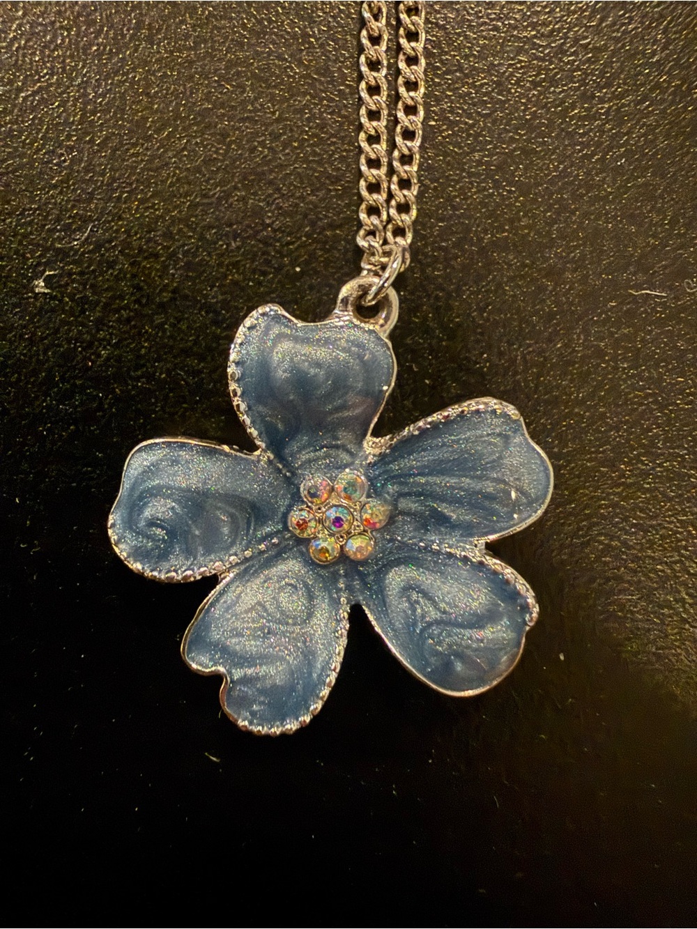 Blue and Silver Floral Pendant Necklace - Like New